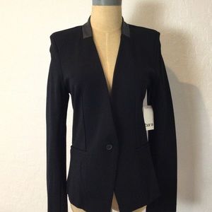 Bar III Black Stretch Ponte Knit Blazer w/ Faux Leather Collar Size M